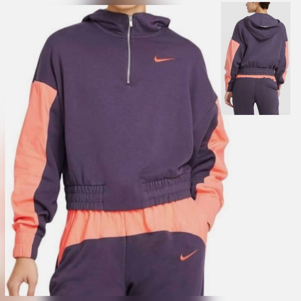 Nike Sportswear Icon Clash Purple Light & Orange Hoodie 1/4 Zip Cropped Womens M
